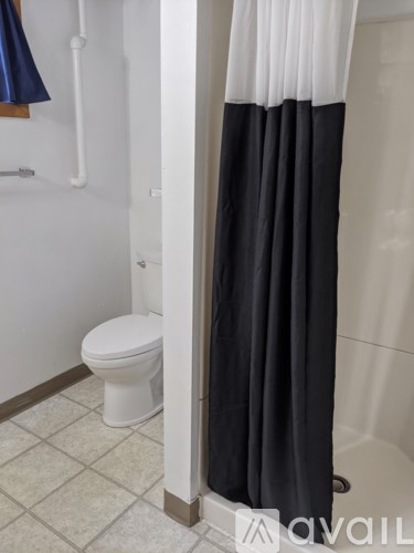 A white toilet sits under a shower curtain in a bathroom.