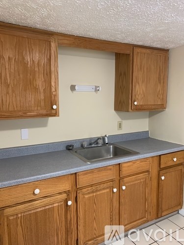 A kitchen with wooden cabinets and a sink.