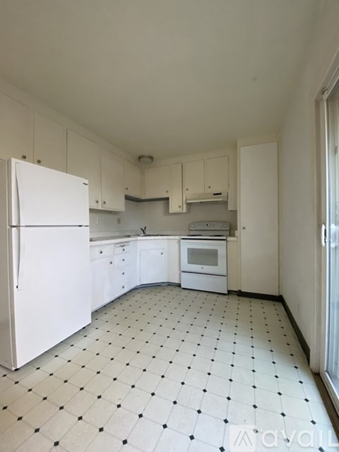 A white fridge and oven in a kitchen.