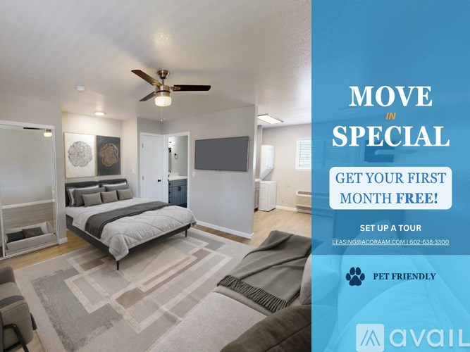 A bedroom with a bed, a ceiling fan, and a rug, with a sign offering a free first month of rent.