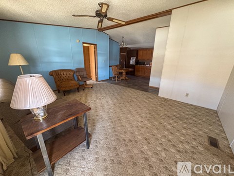 A living room with a ceiling fan and a lamp on a table.