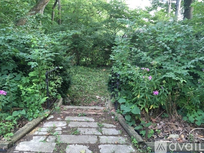 A stone pathway leads through a lush green garden.