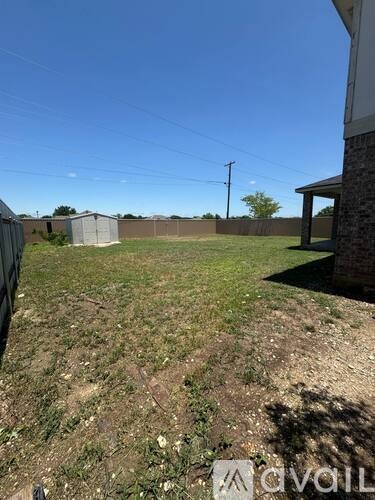 A backyard with a fence and a utility pole.