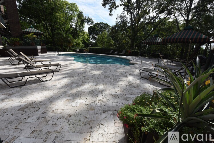 A pool surrounded by trees and chairs.