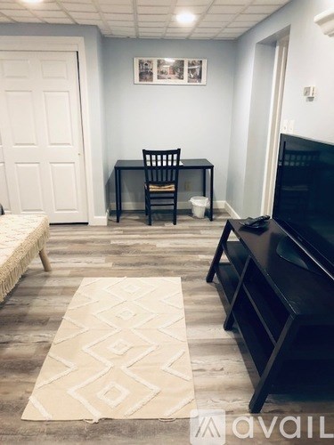 A living room with a black couch and a white rug.