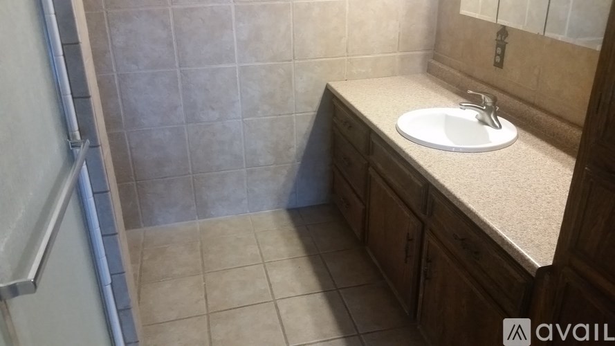 A bathroom with a sink and a shower.