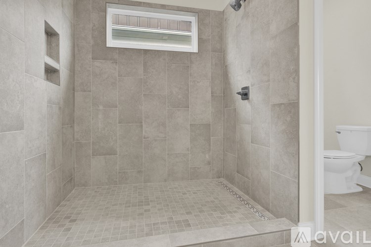 A bathroom with a tiled shower and a toilet in the background.