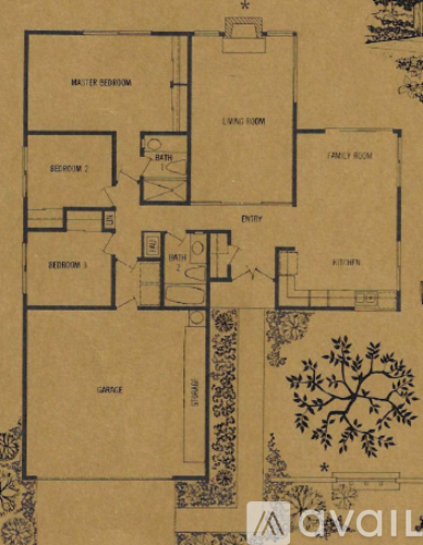 A floor plan of a house with a master bedroom, two other bedrooms, a living room, a family room, a bathroom, a kitchen, and a pantry.