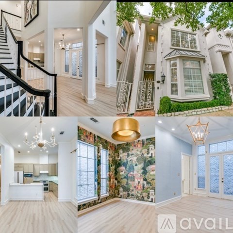 A collage of images showcasing a modern, well-decorated house with a staircase, a kitchen, a dining area, and a living room.