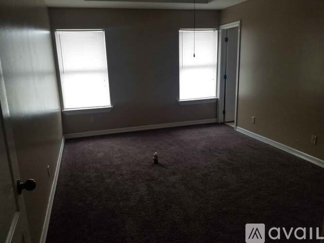 A room with a carpeted floor, two windows, and a door.