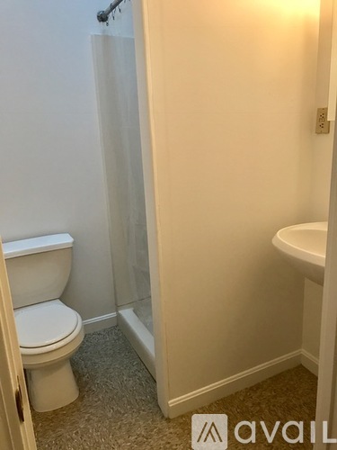 A white toilet in a small bathroom with a carpeted floor.