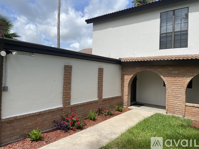 A backyard with a brick wall and a palm tree.