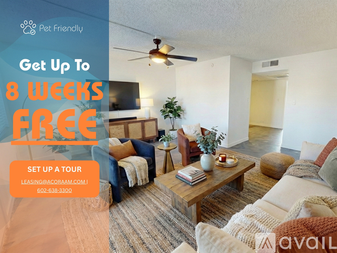 A modern kitchen with a promotion for a free first month.