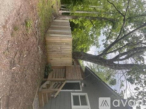 A wooden staircase leads up to a treehouse in a forest.