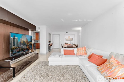 A living room with a white couch and a television.