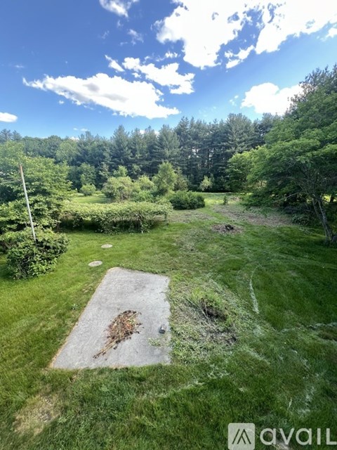 A backyard with a patch of dirt in the middle of a grassy area.