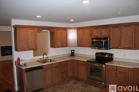 A kitchen with wooden cabinets and stainless steel appliances is available for rent.