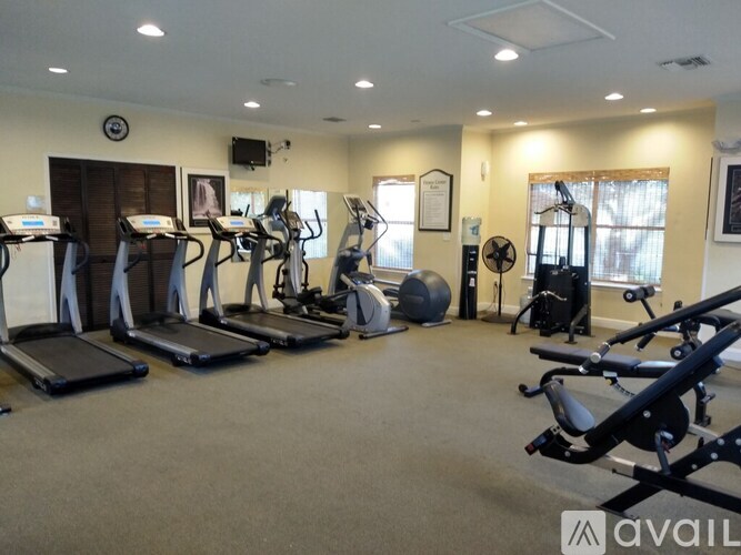 A gym with treadmills, elliptical machines, and weights.