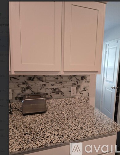 A kitchen counter with a toaster on it.