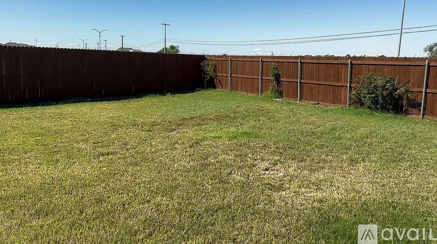 A backyard with a wooden fence and green grass.