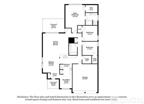 A floor plan of a house with a living room, dining room, kitchen, and two bedrooms.