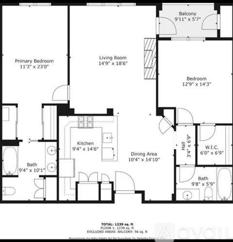 A black and white image of a floor plan for a home with a balcony, living room, kitchen, dining area, and two bathrooms.