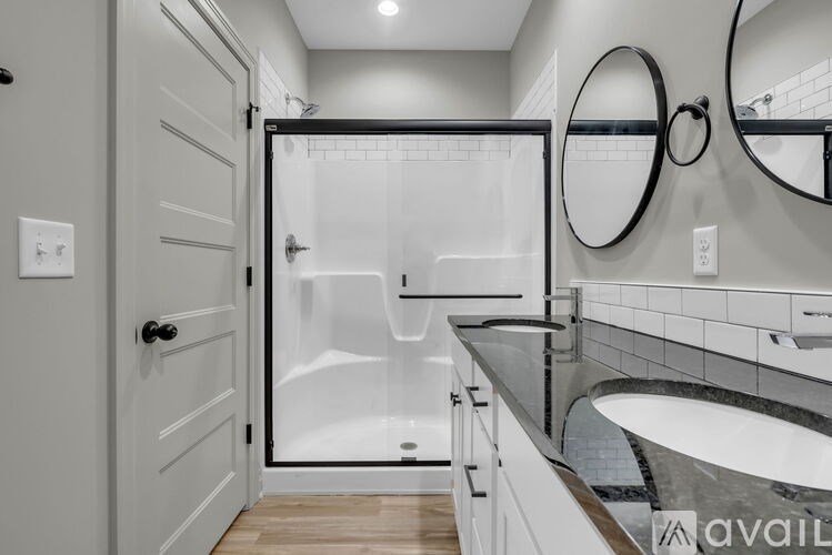 A bathroom with a walk-in shower and a sink.