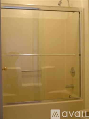 A glass shower door with a silver handle and a silver shower head.