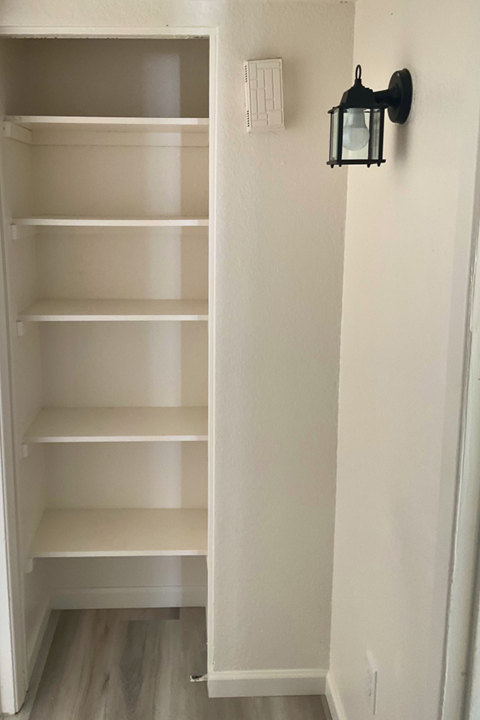 Empty white shelves in a white closet.