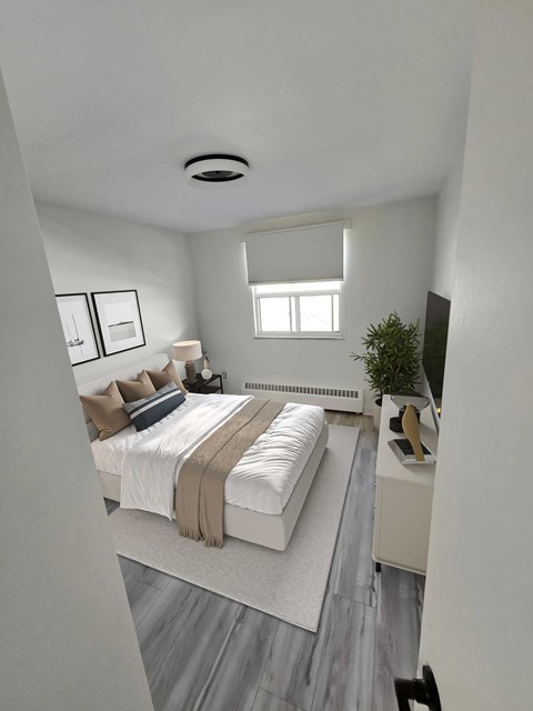 A bedroom with a bed, a window, a plant, and a TV.