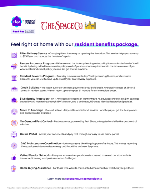 A flyer for The Space Co. outlines the benefits of their resident package.