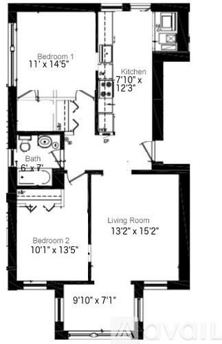 A black and white image of a floor plan for a two bedroom apartment.