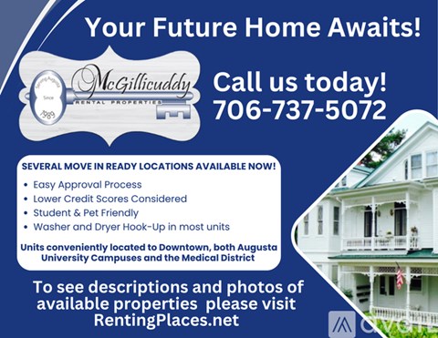An advertisement for McGillicuddy Rental Properties offering move-in ready locations with a call to action to visit their website for more information.