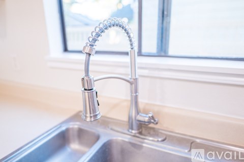 A kitchen sink with a chrome faucet and a pull-down sprayer.