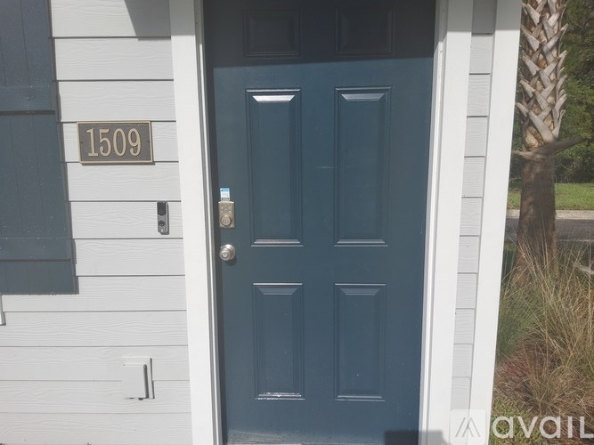 A white house with a blue door and a number 1509 on the wall.
