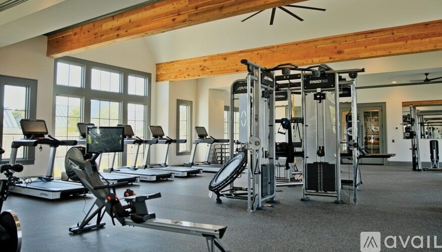 A gym with a variety of equipment including treadmills, weights, and a bench press.