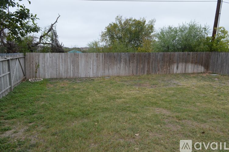 A backyard with a wooden fence and grass.