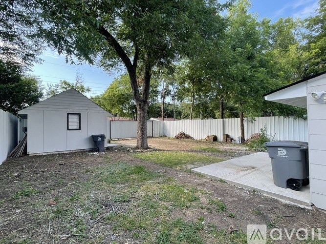 A backyard with a shed, a tree, and a trash can.