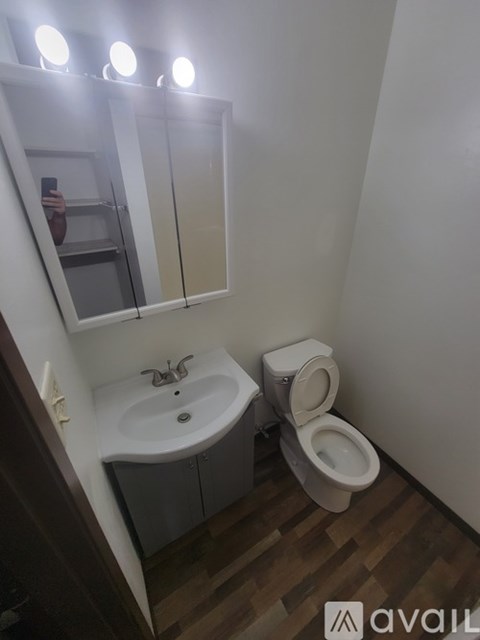 A bathroom with a toilet, sink, and mirror.