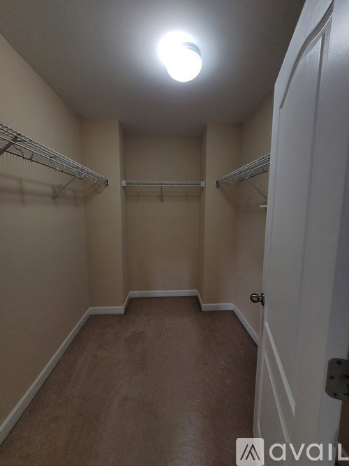 A walk-in closet with a white door and shelves.