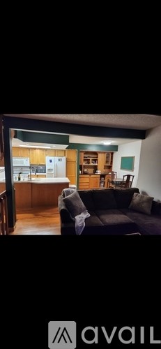 A living room with a couch and a kitchen in the background.