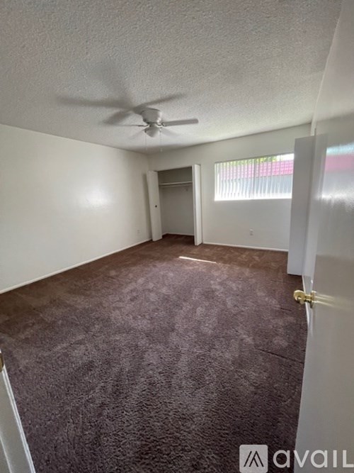 A room with a ceiling fan and carpeted floor.