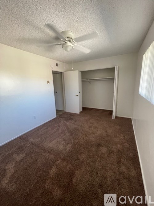 A room with a carpeted floor and a ceiling fan.