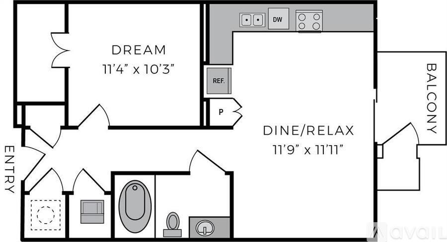 A floor plan of a home with a bedroom, a bathroom, a dining/relaxation area, and a balcony.