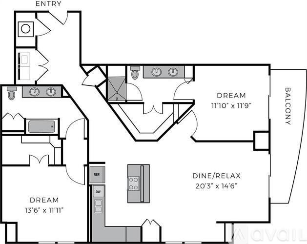 A floor plan of a house with two bedrooms, a living room, a dining room, a balcony, and an entry point.