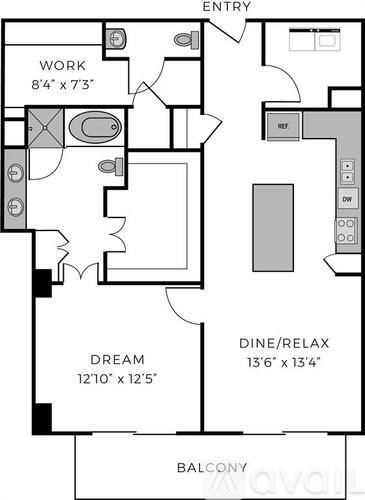 A floor plan of a home with a work area, a dining/relax area, and a balcony.