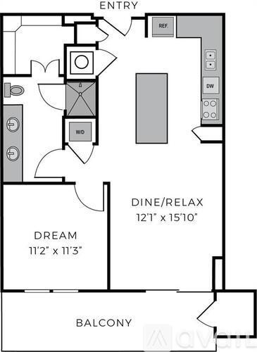 A floor plan of a home with a balcony and a dining/relax area.