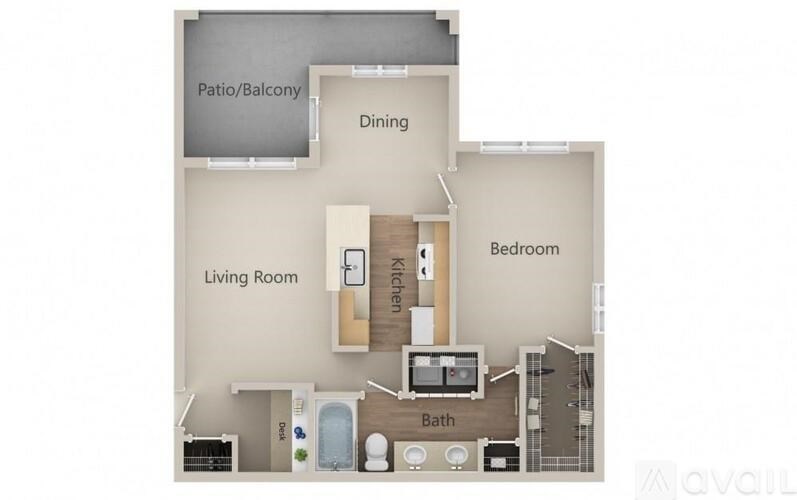 A floor plan of an apartment with a living room, dining room, kitchen, and bedroom.