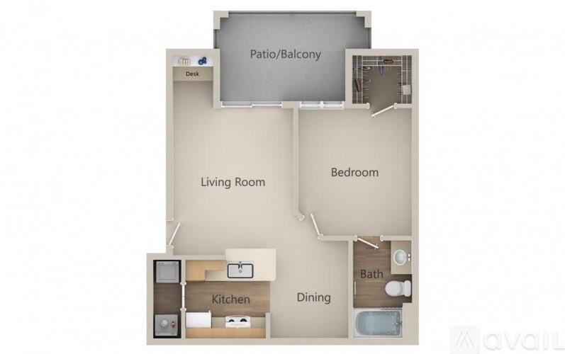 A floor plan of an apartment with a living room, bedroom, kitchen, and bathroom.