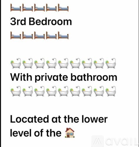 A white background with text and emojis describing a 3rd bedroom with a private bathroom located at the lower level of a house.